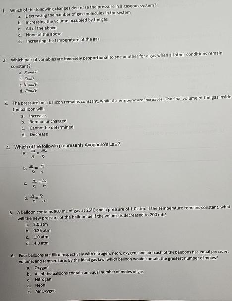 Solved Which of the following changes decrease the pressure | Chegg.com