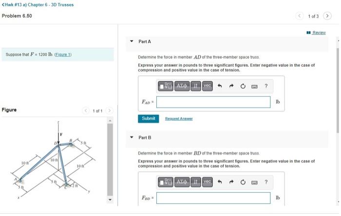 Solved Suppose that F=1200lb (Eigure 1) Determine the force | Chegg.com