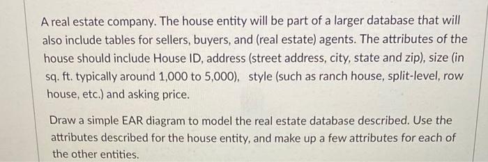 Solved A real estate company. The house entity will be part | Chegg.com