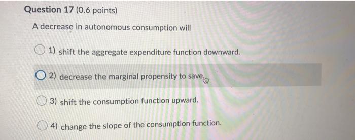 Solved Question 17 (0.6 points) A decrease in autonomous | Chegg.com