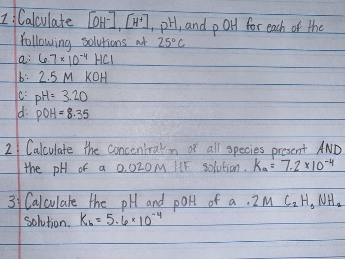 Solved 1 Calculate [OH-], [H+], PH, And P OH For Each Of The | Chegg.com