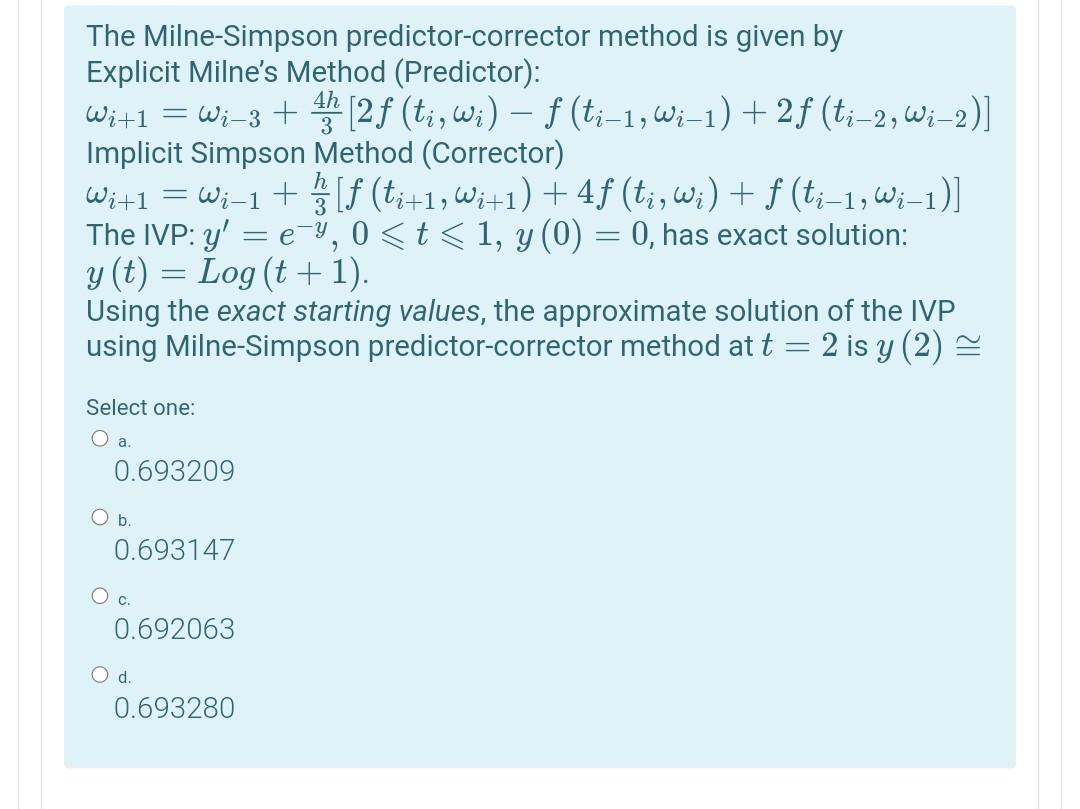 Solved The Milne-Simpson predictor-corrector method is given | Chegg.com