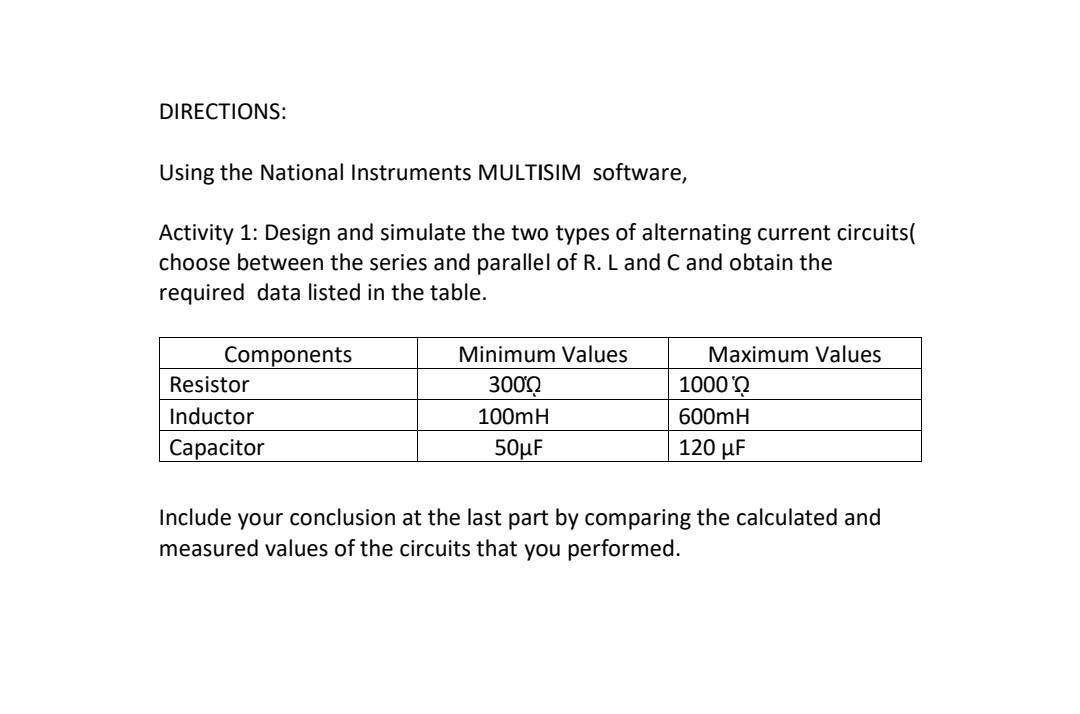 Solved DIRECTIONS: Using the National Instruments MULTISIM | Chegg.com