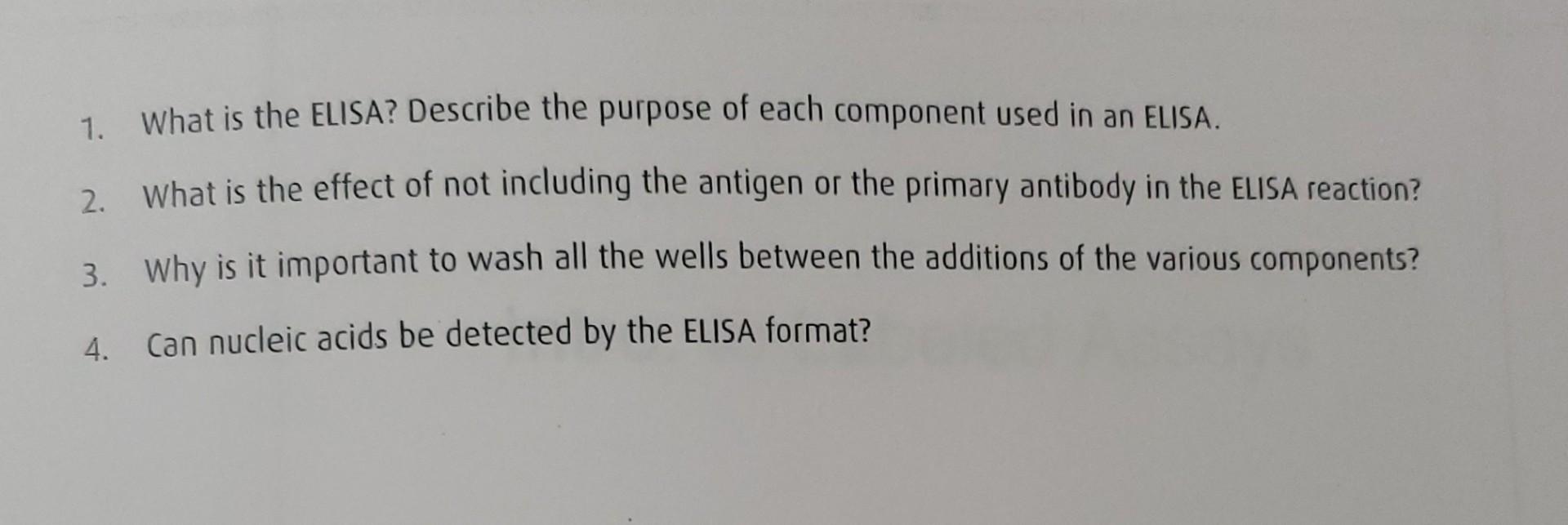 Solved 1. What is the ELISA? Describe the purpose of each