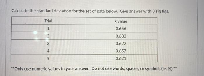 Solved Calculate the standard deviation for the set of data | Chegg.com