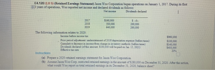 Solved E4.12B (10 5) (Retained Earnings Statement) Jason Woo | Chegg.com