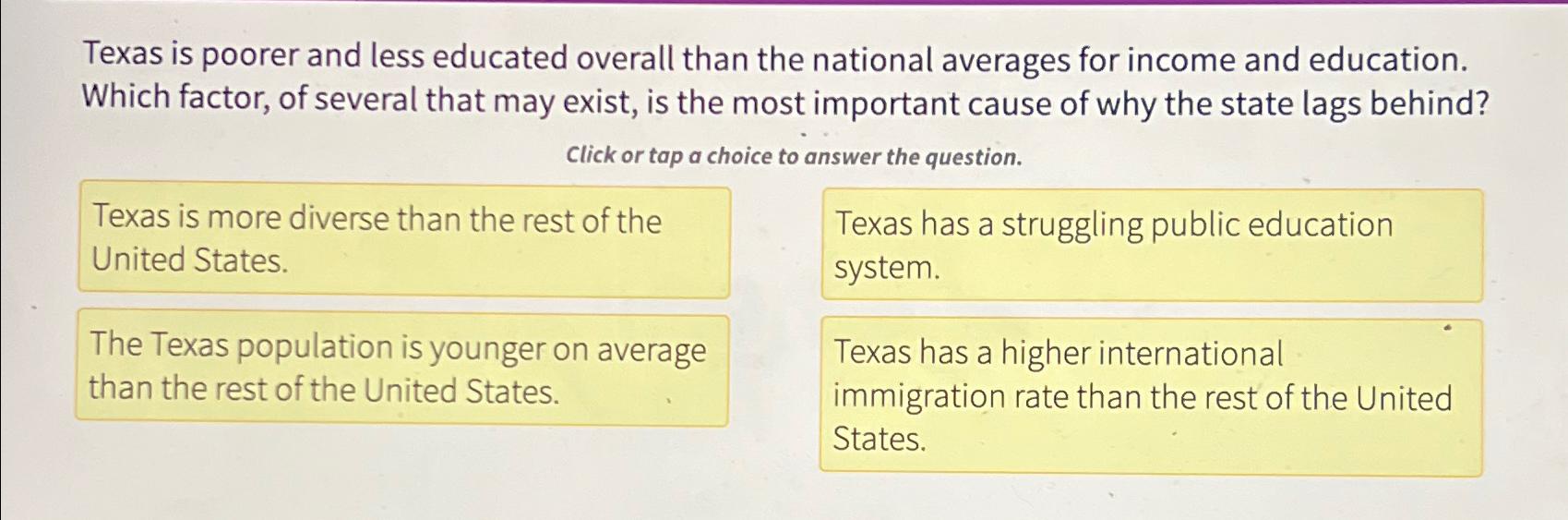 Solved Texas is poorer and less educated overall than the | Chegg.com