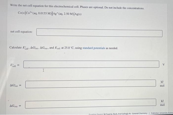 Solved Write the net cell equation for this electrochemical | Chegg.com