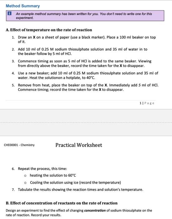 Solved || EXPERIMENT 7 Factors affecting the rate of a | Chegg.com