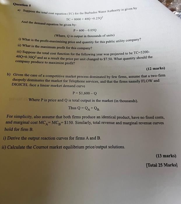 Solved a suppose the total cost equation tc for the chegg