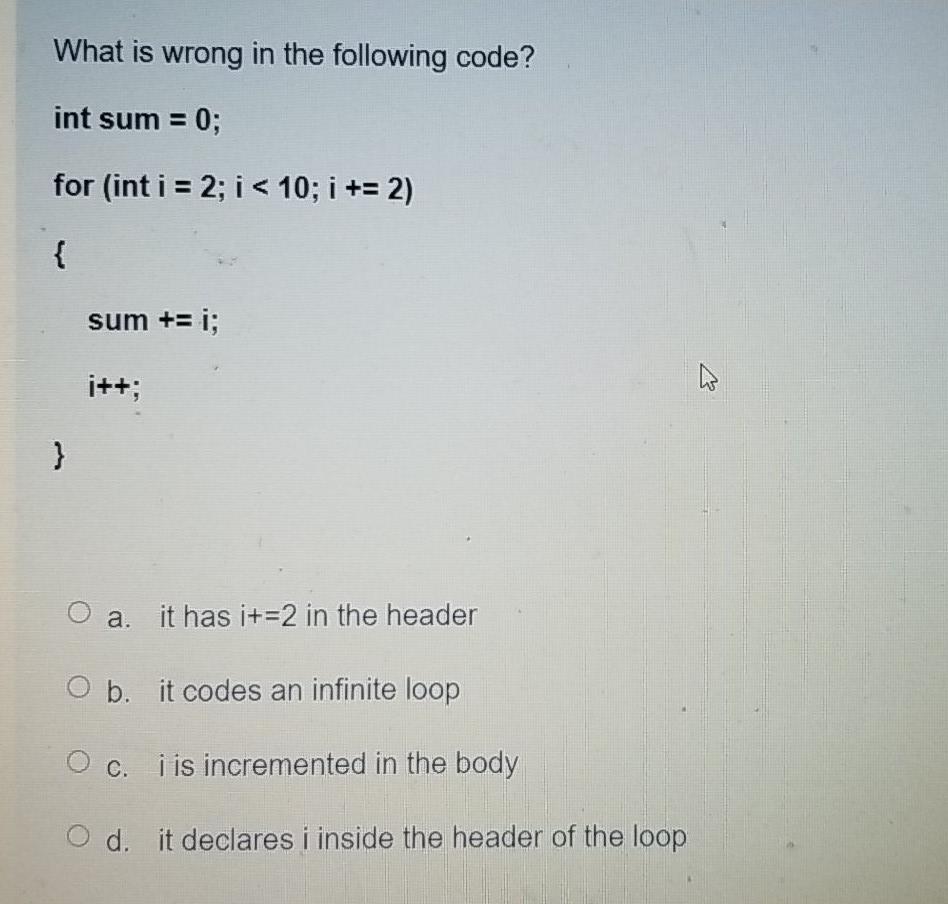 Solved What is wrong in the following code? int sum = 0; for | Chegg.com