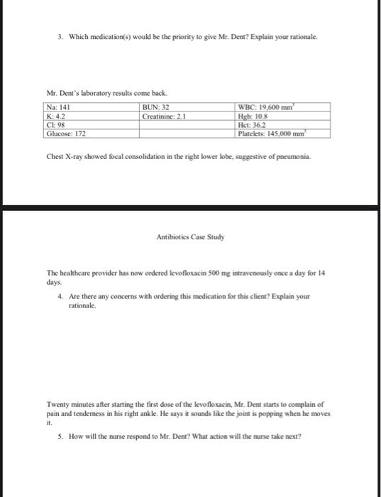3. Which medication(s) would be the priority to give Mr. Dent? Explain your rationale Mr. Dents laboratory results come back