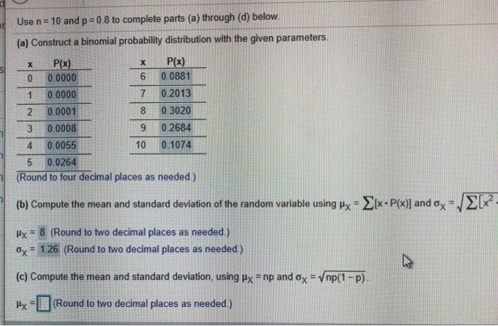 Solved Use n= 10 and p=0.8 to complete parts (a) through (d) | Chegg.com