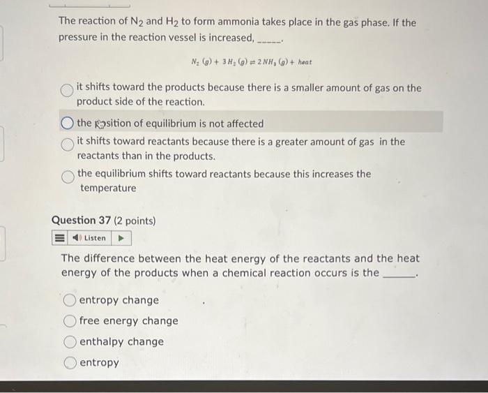 Solved The reaction of N2 and H2 to form ammonia takes place | Chegg.com