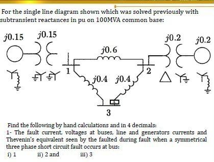 For the single line diagram shown which was solved previously with subtransient reactances in pu on \( 100 \mathrm{MVA} \) co