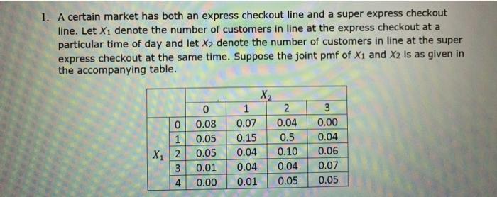 1. A certain market has both an express checkout line and a super express checkout
line. Let X1 denote the number of customer