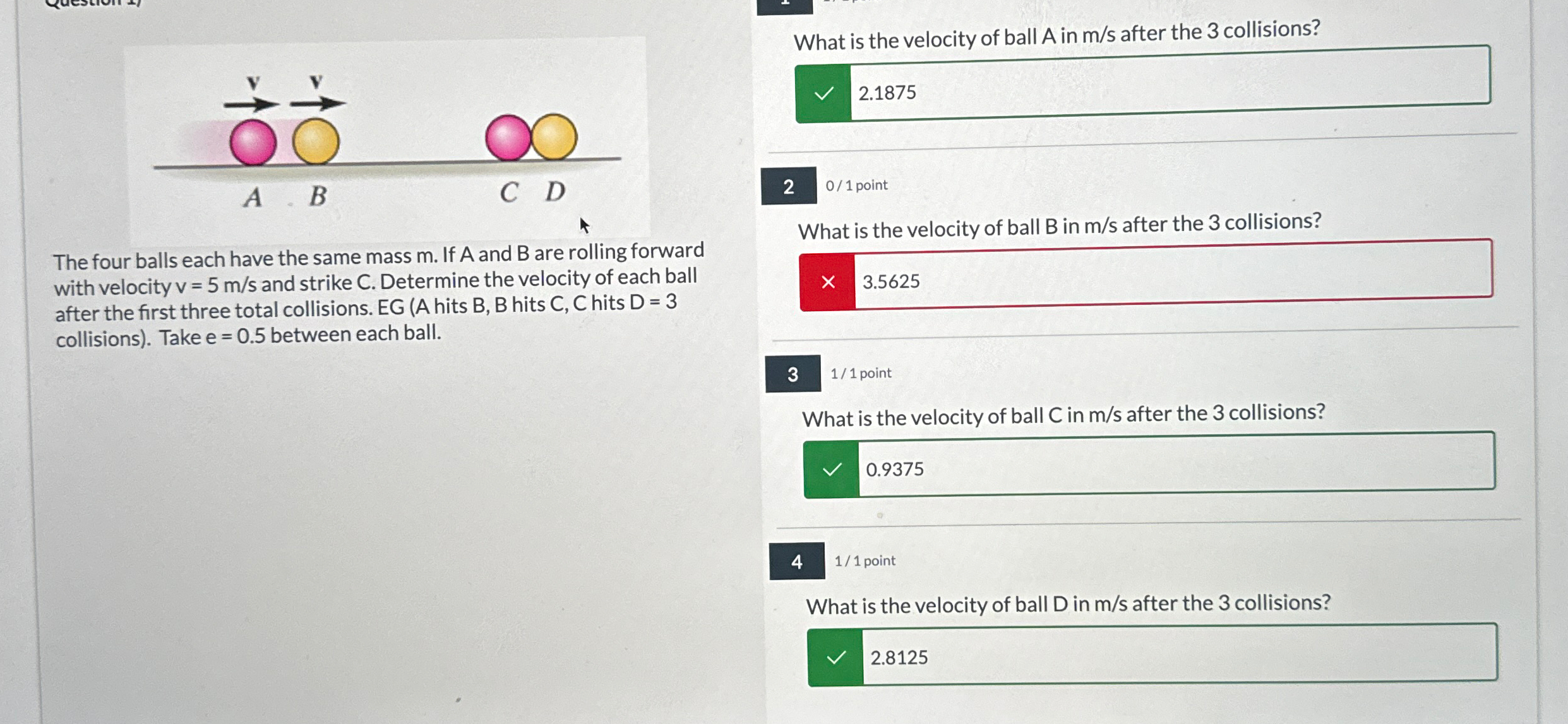 Solved What is the velocity of ball A ﻿in ms ﻿after the 3 | Chegg.com