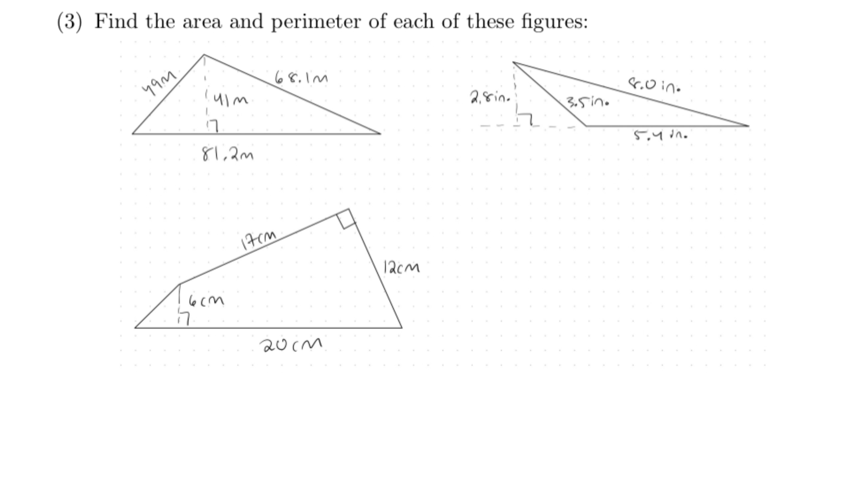 Solved (3) ﻿Find the area and perimeter of each of these | Chegg.com