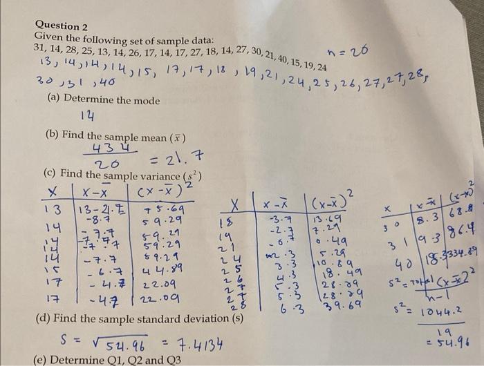 Solved Question 2 Given the following set of sample data: | Chegg.com
