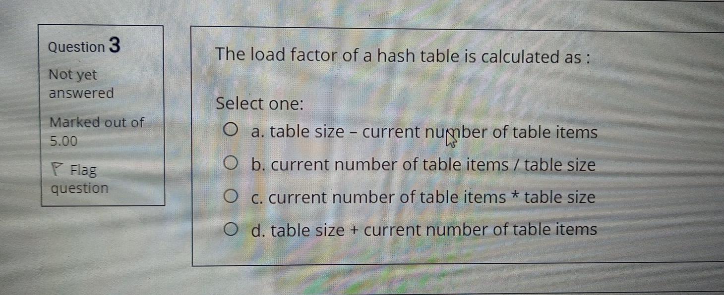 Solved Question 3 The load factor of a hash table is | Chegg.com