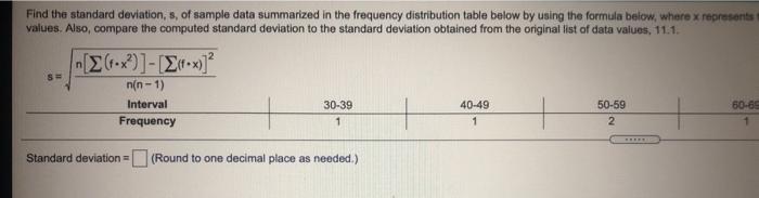 Solved Find the standard deviation, s. of sample data | Chegg.com