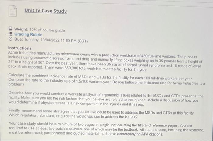 Solved Unit IV Case Study. Weight: 10% of course grade tE | Chegg.com