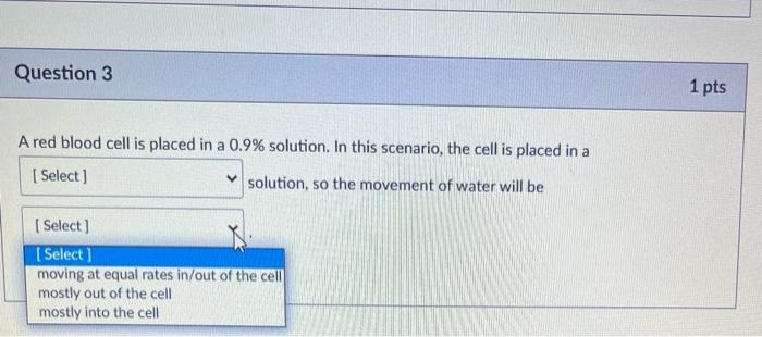Solved > Question 3 1 pts A red blood cell is placed in a | Chegg.com