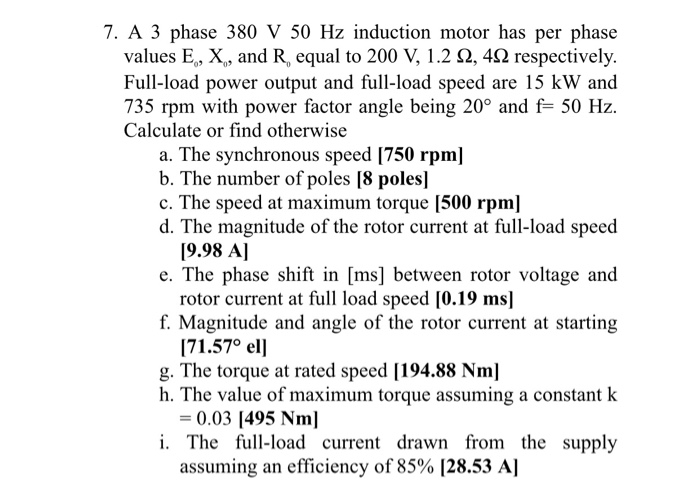 7. A 3 phase 380 V 50 Hz induction motor has per | Chegg.com