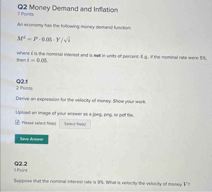 Solved Q2 Money Demand and Inflation 7 Points An economy has | Chegg.com