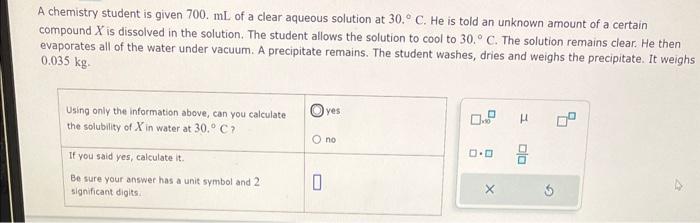 Solved A chemistry student is given 700.mL of a clear | Chegg.com