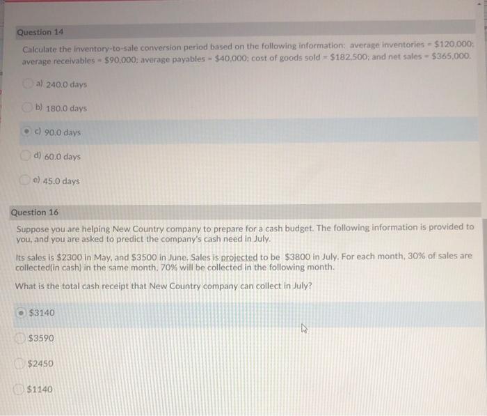 Solved Question 14 Calculate The Inventory-to-sale | Chegg.com