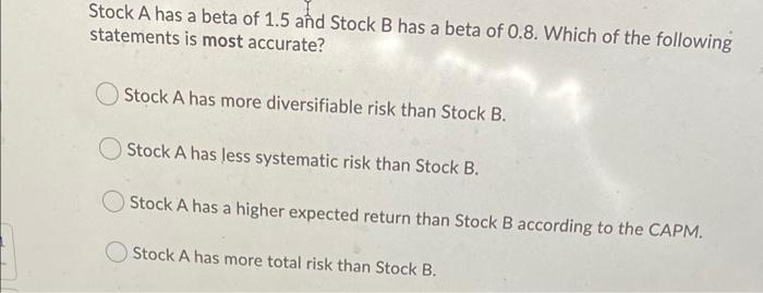 Solved Stock A Has A Beta Of 1.5 And Stock B Has A Beta Of | Chegg.com