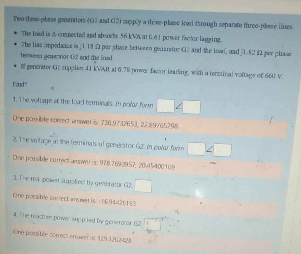Solved Two three-phase generators (Gl and G2) supply a | Chegg.com