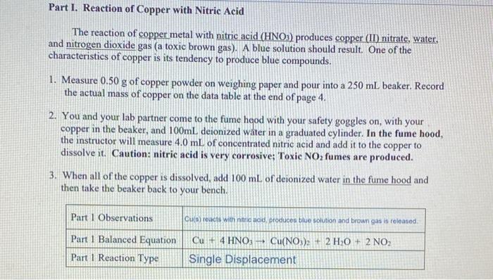 Solved Part I Reaction Of Copper With Nitric Acid The Re Chegg Com