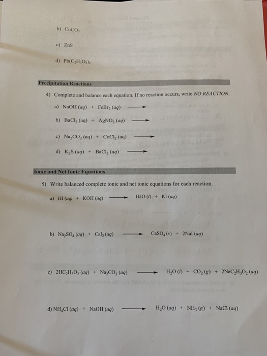 Solved b) Cuco c) Zns d) Pb(C,H,O3)2 Precipitation Reactions | Chegg.com