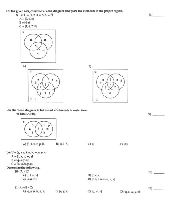 Solved For the given sets, construct a Venn diagram and | Chegg.com