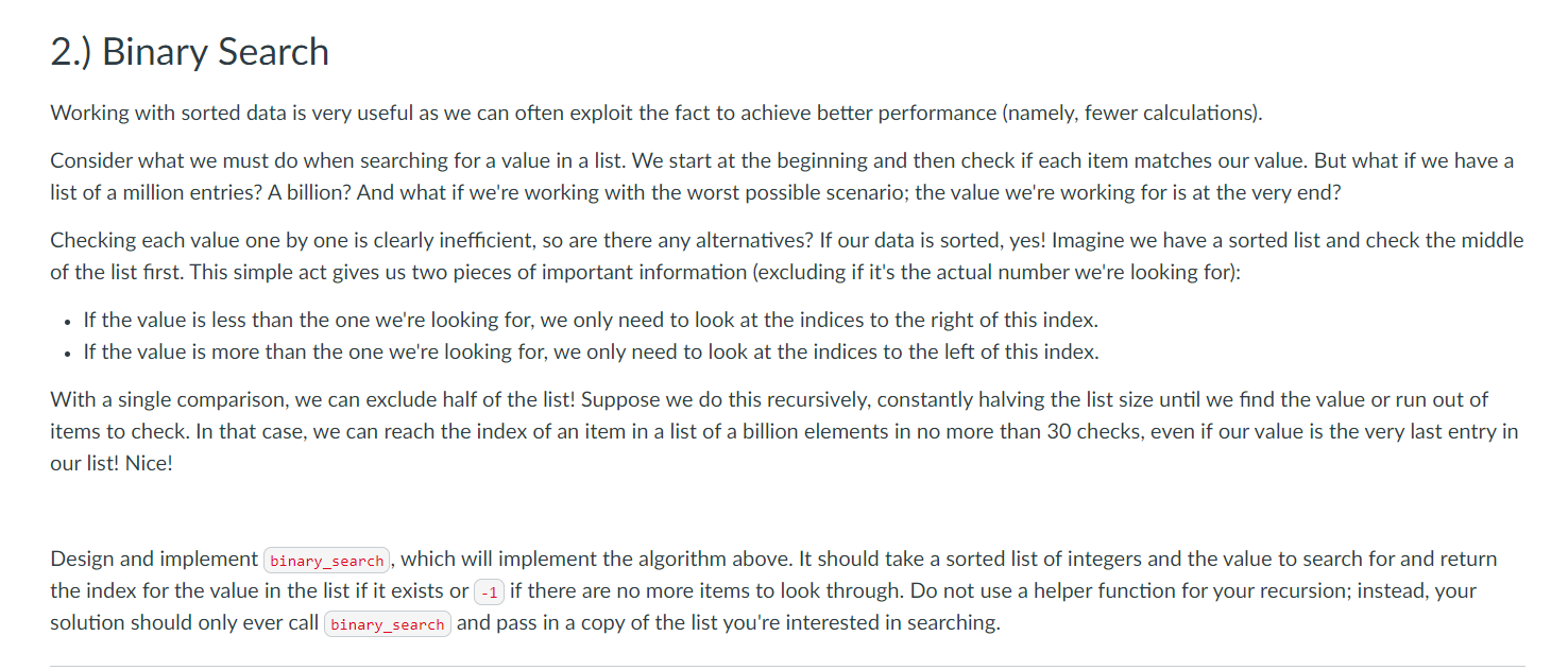 Solved 2.) ﻿Binary SearchWorking with sorted data is very | Chegg.com