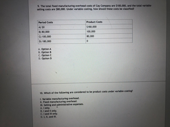 Solved 9. The Total Fixed Manufacturing Overhead Costs Of | Chegg.com