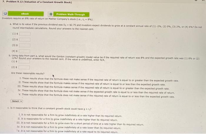 Solved 7. Problem 9.12 (Valuation Of A Constant Growth | Chegg.com