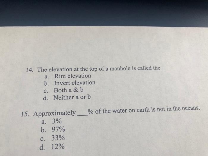 Solved 14. The elevation at the top of a manhole is called | Chegg.com