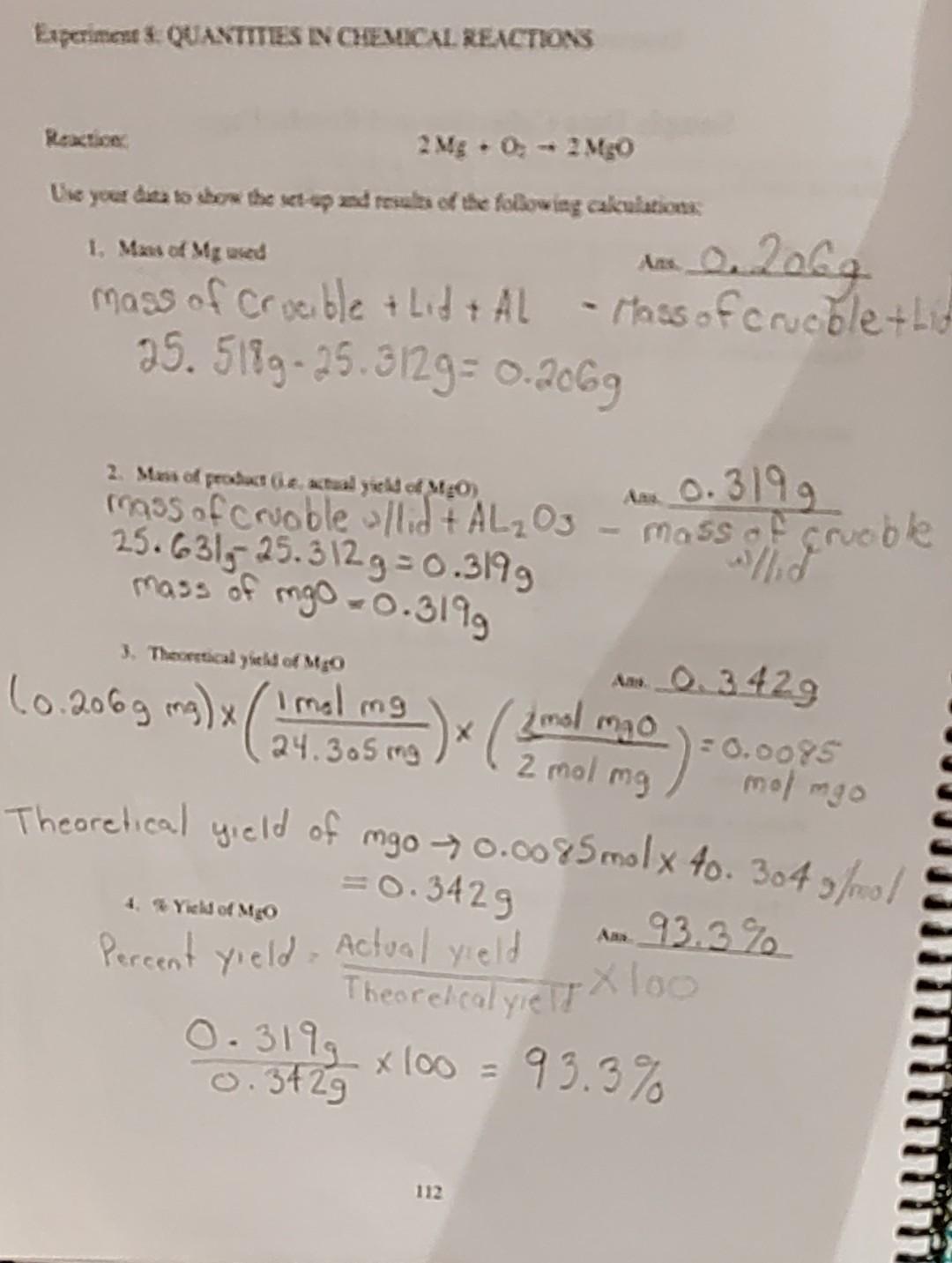 Solved Experiment : QUANTITIES IN CHEMICAL REACTIONS 2 Mg 0 | Chegg.com