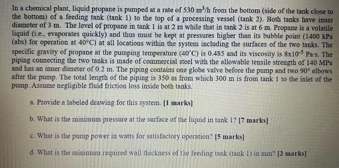 Solved a In a chemical plant, liquid propane is pumped at a | Chegg.com