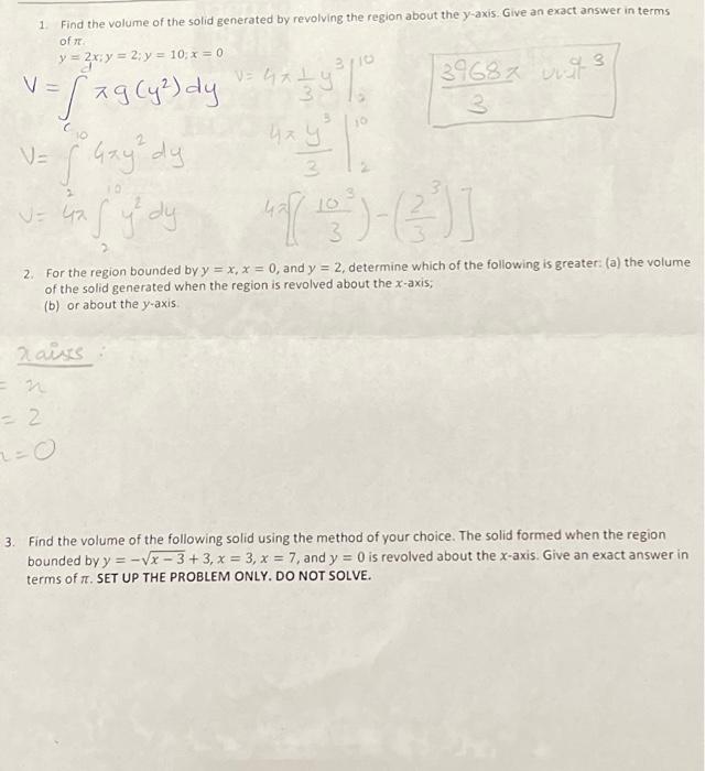 Solved 1. Find the volume of the solid generated by | Chegg.com