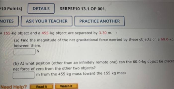 Solved 155 -kg object and a 455−kg object are separated by | Chegg.com