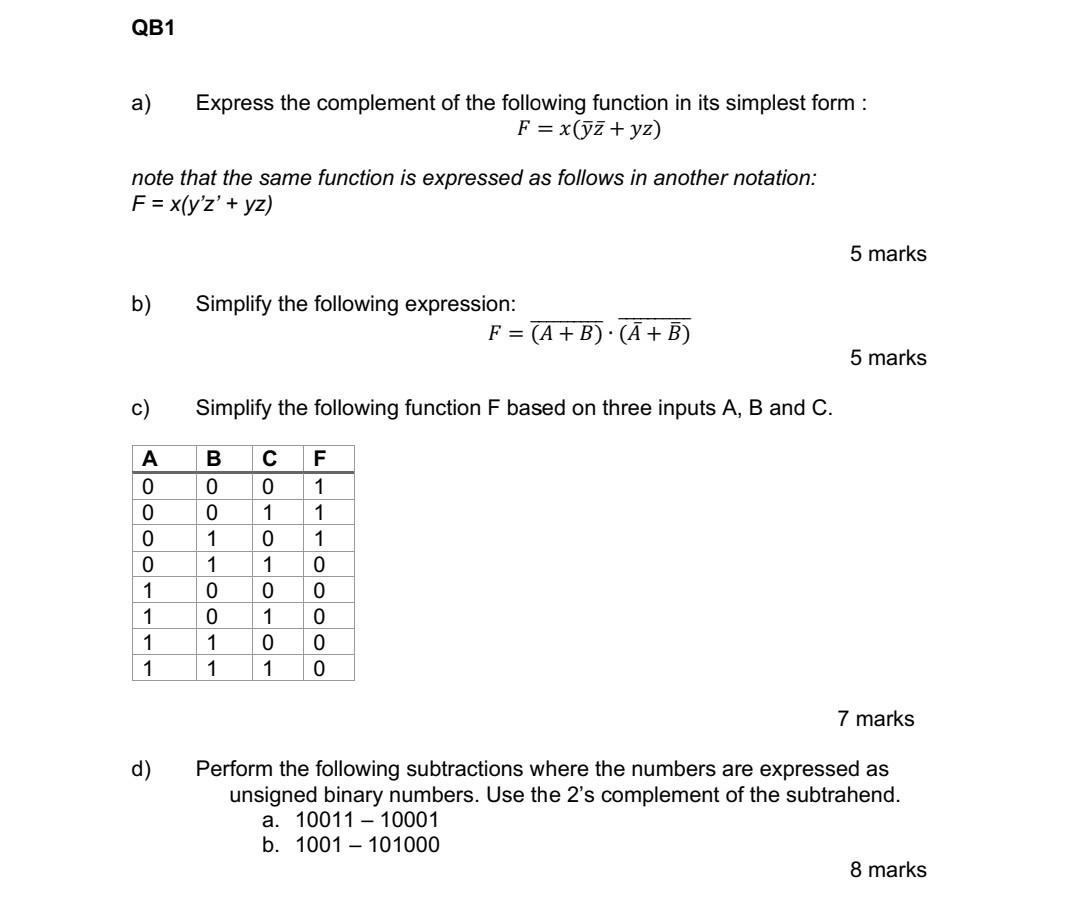 Solved a) Express the complement of the following function | Chegg.com