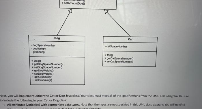 Next, you will implement either the Cat or Dog Java class. Your class must meet all of the specifications from the UML. Class