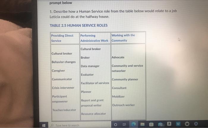 Solved 1. Describe how a Human Service role from the table | Chegg.com