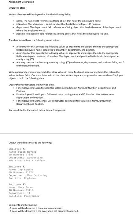 Solved Assignment Description Employee Class Write a class | Chegg.com