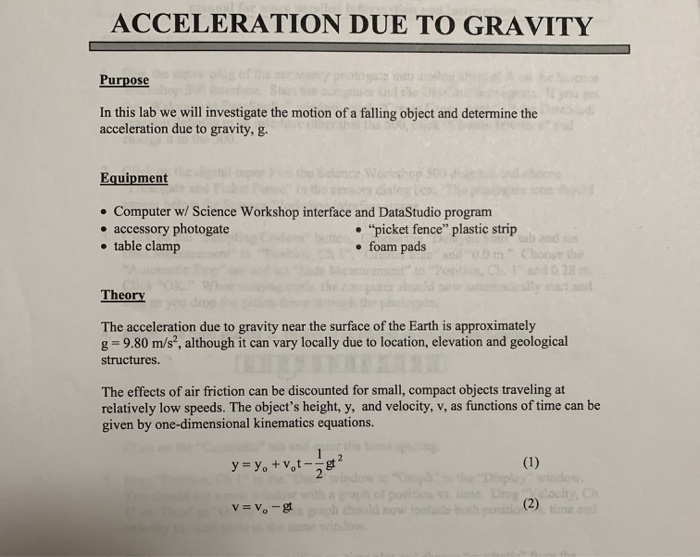 ACCELERATION DUE TO GRAVITY Purpose In this lab we | Chegg.com
