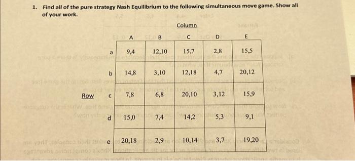 Solved 1. Find all of the pure strategy Nash Equilibrium to | Chegg.com